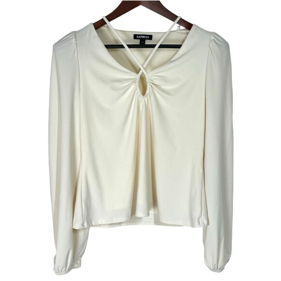 Express Womens Small Off-White Long Sleeve Blouse With Keyhole Neck & Ruched Det - Picture 1 of 4
